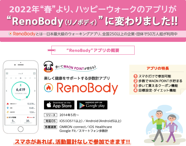 2022年”春”より、ハッピーウォークのアプリが”RenoBody（リノボディ）”に変わります!!